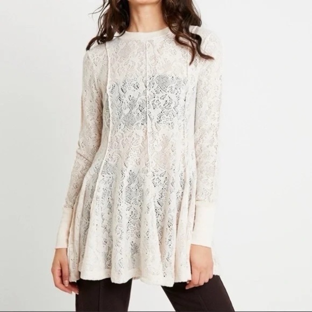 Free People Coffee In The Morning Tunic Top in Cream Stretch Lace, sz S